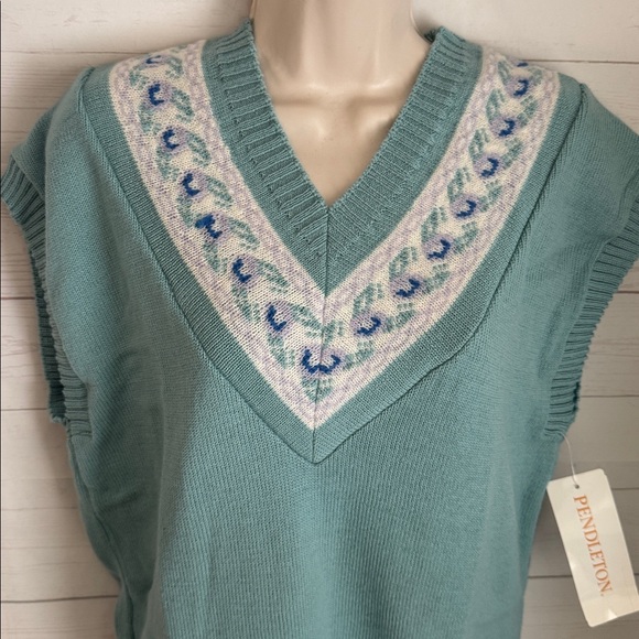 Vintage 70’s Pendleton Size Large Women's Teal V-Neck 100% Wool Sweater Vest - Picture 4 of 8